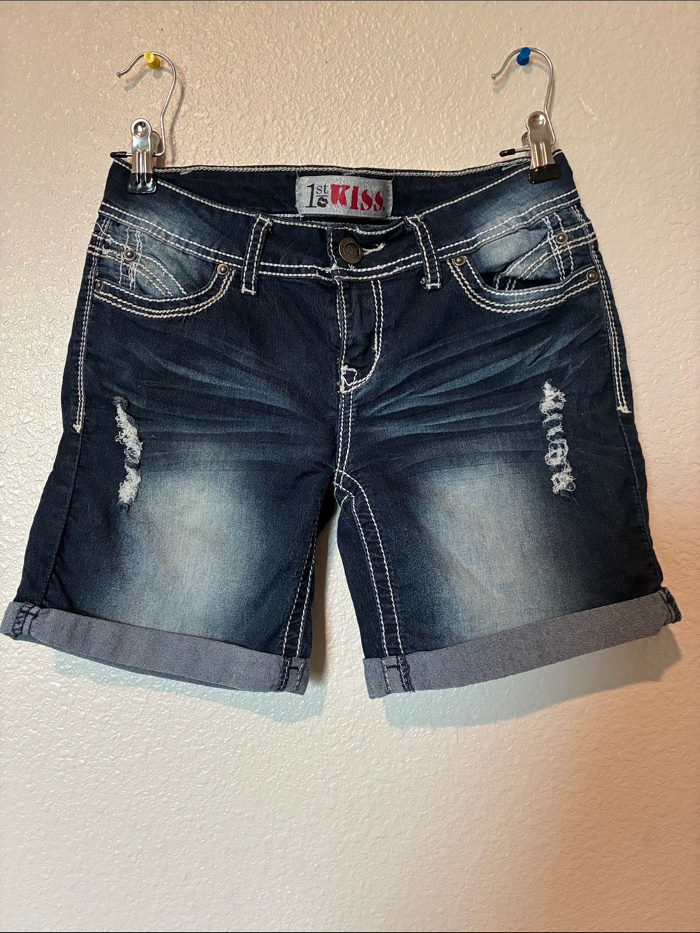1st Kiss Women's Dark Blue Distressed Roll-Cuff Denim Shorts